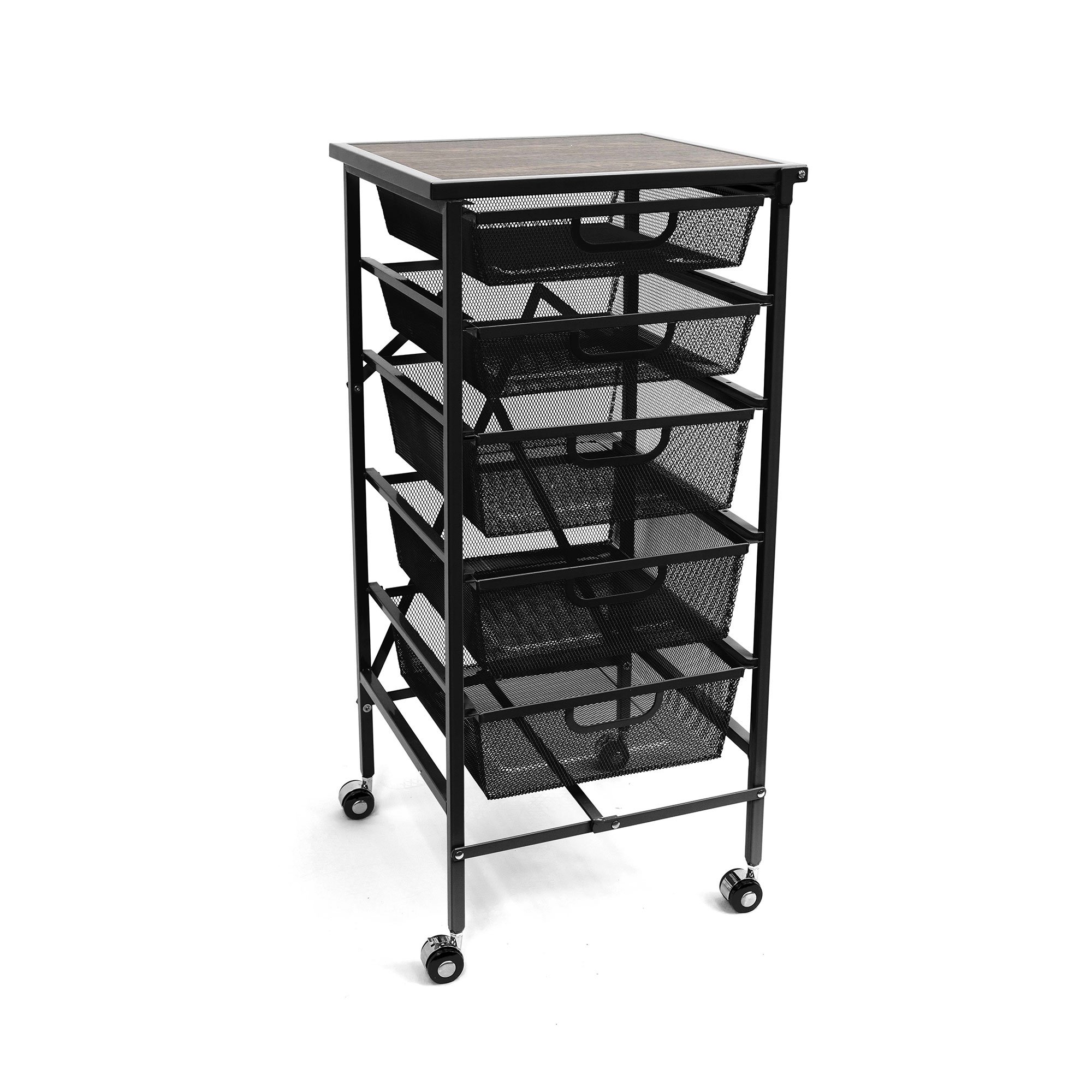 Origami Wheeled Foldable 5 Steel Drawer Storage Caddy Cart w Wooden Top
